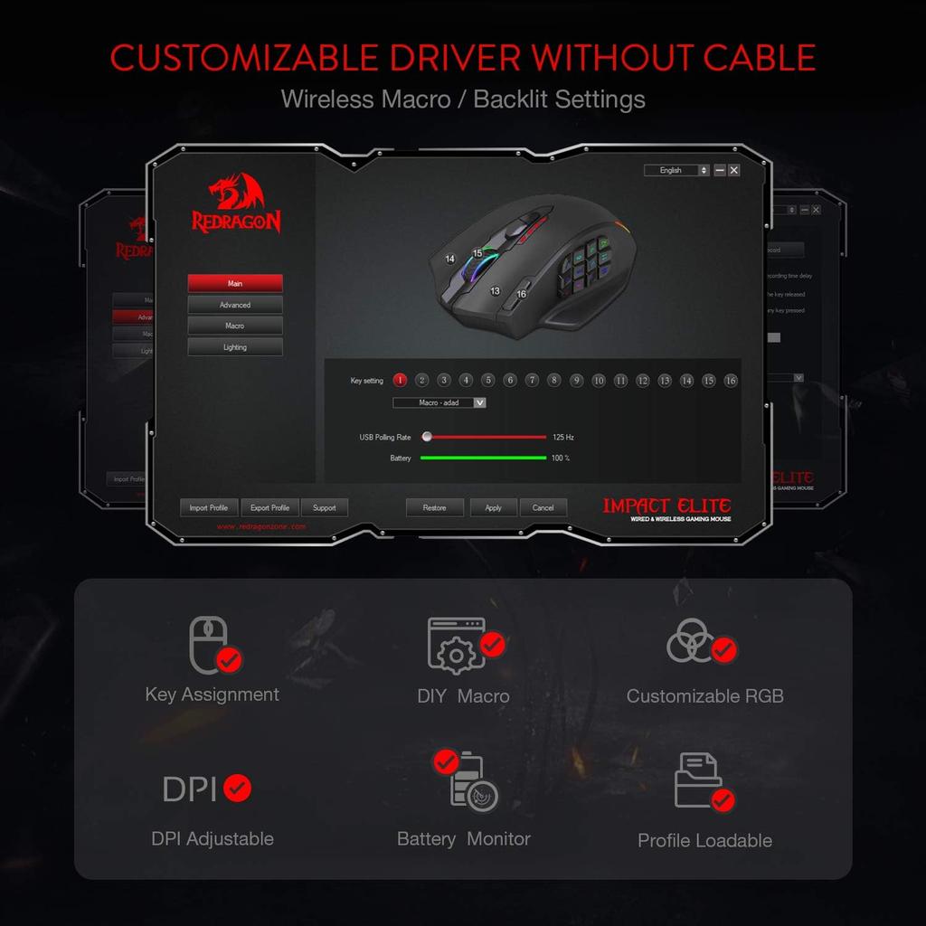 Bezprzewodowa mysz gamingowa Redragon M913 Impact Elite, 16000 DPI, przewodowa/bezprzewodowa, RGB, 16 programowalnych przycisków, bateria 45-godzinna i Pro Optical S