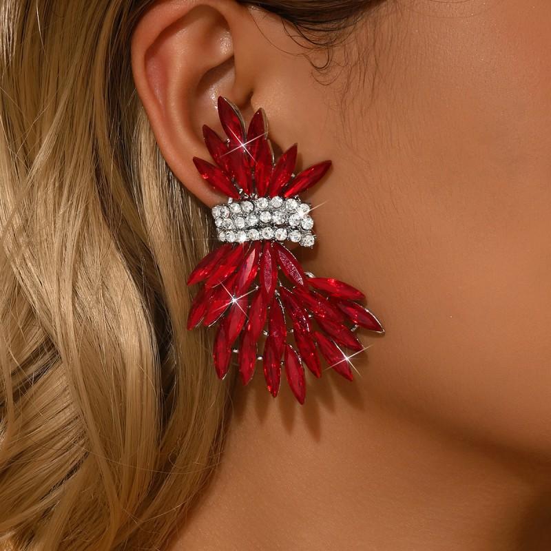 Elegant Rhinestone-Embellished Wheat Ear Cuff Earrings Women Alloy Stainless Steel Studs Gold Red Options