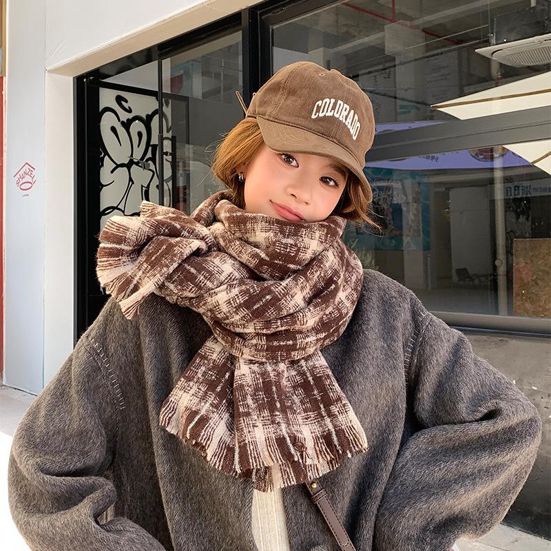 Women's Korean Style Fleece-Like Cashmere Scarf Autumn Winter High-End Warm Shawl Cute Versatile Plaid Neck Warmer