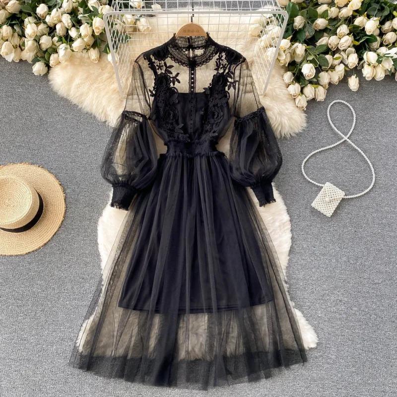 Ladies Dress Three Dimensional Flower Hook Mesh Temperament Stand Collar Lantern Sleeve High Waist Slim Female Dresses