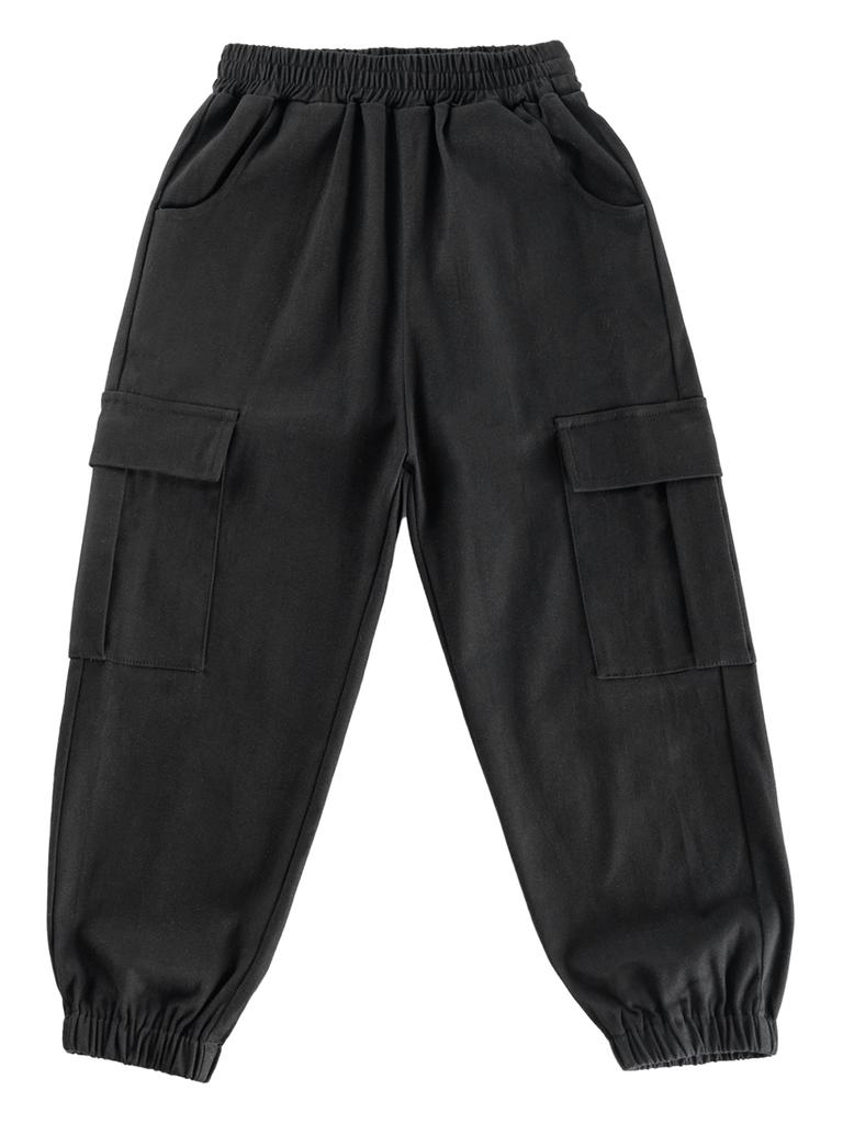 Loose Pants with Multi-Pockets Kids Boys Active Cargo Jogger Solid Color Sweatpants