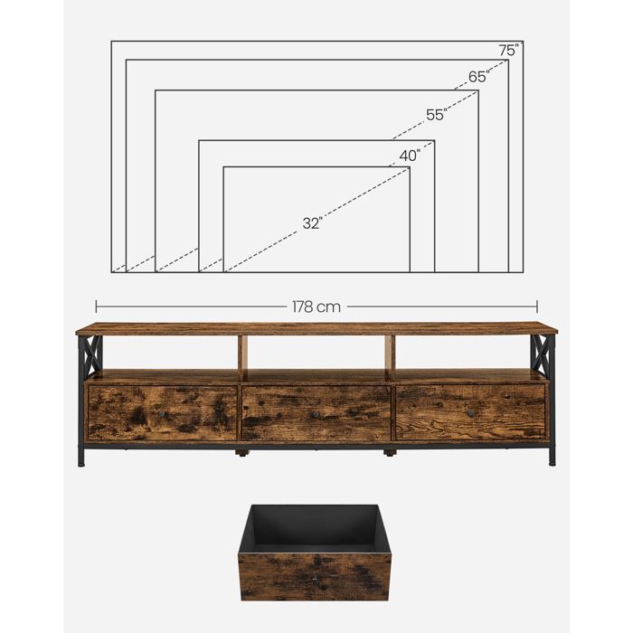 VASAGLE Suport TV pentru Televizoare de până la 80 de Inci, Suport TV, 178 x 40 x 50 cm, Cadru din Oțel, Maro Rustic și Negru