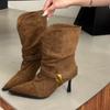 Fashion New High Heel Pointed Toe Pleated Suede Stack Boots Metal Buckle Lace-up Slip-on Fashion Booties for Women