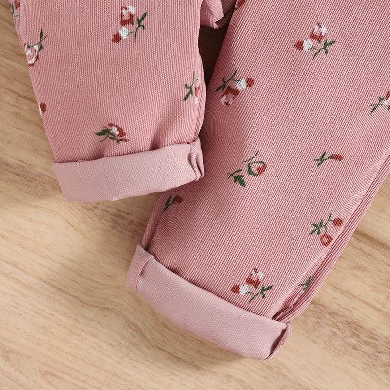 2 Pieces Kids Suit Set, Solid Color O-Neck Long Sleeve Tops+ Floral Print Suspender Trousers