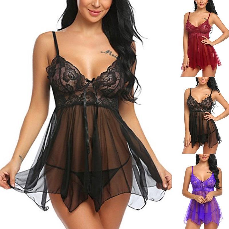 Erotic Lingerie European and American Sexy Lingerie Women See-through Front Split Halter Nightgowns