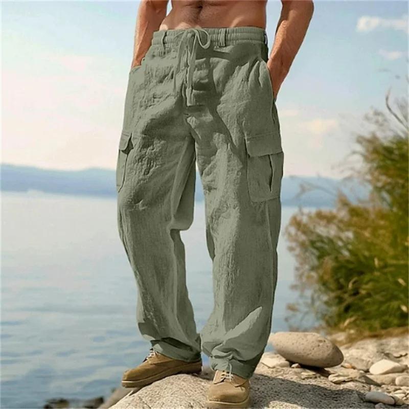 Men's Casual Trousers Loose Comfortable Cargo Pants Pants Man Cotton Linen Multi-pocket Straight Trousers Beach Thin Men Pants