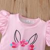 Girls' Easter Rabbit Puff Sleeve Summer Set with Cartoon Flowers