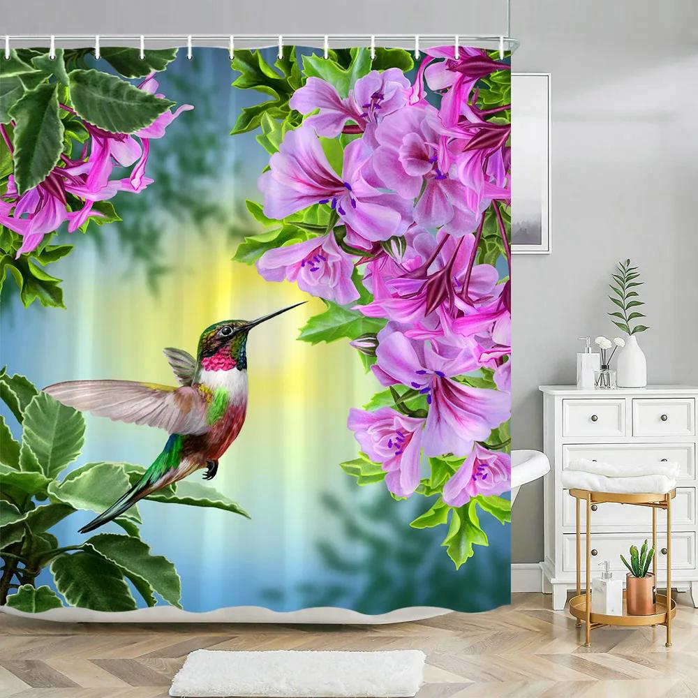 Hummingbird Floral Shower Curtain Watercolor Bird Flower Home Bathroom Decor Polyester Fabric Bathroom Curtain Set Hook Washable