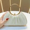 Satin Pleated Evening Clutch with Metal Ring Handle, Elegant Formal Handbag for Wedding & Party