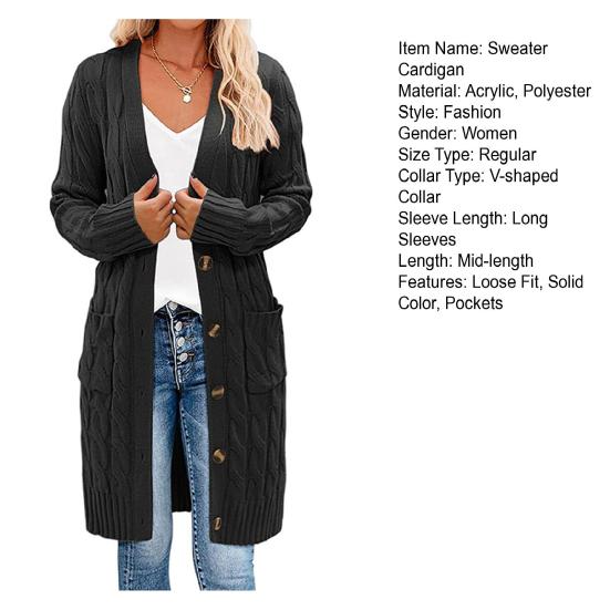 Yousheng Women Sweater Cardigan V-neck Long Sleeve Twist Texture Knitting Tops with Pockets Solid Color Button-Up Knitting Jacket