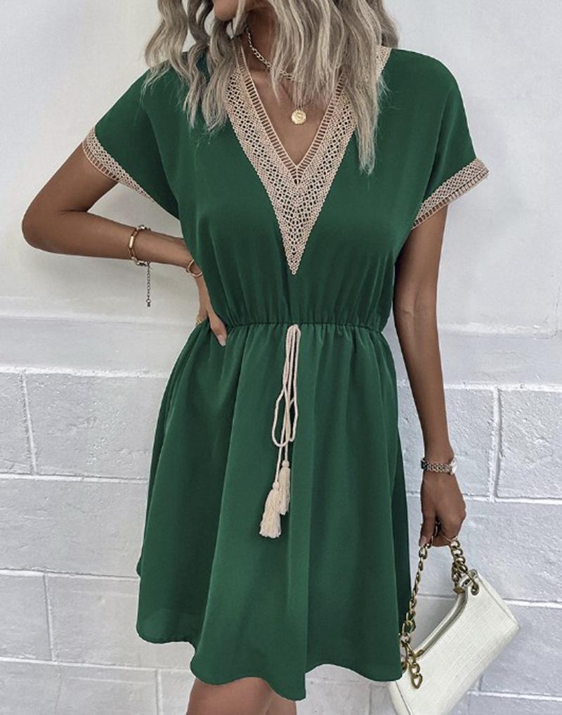 Elegant Women's White Dresses Summer Solid Short Sleeve Lace V-Neck Waistband Female Beach Midi Dress