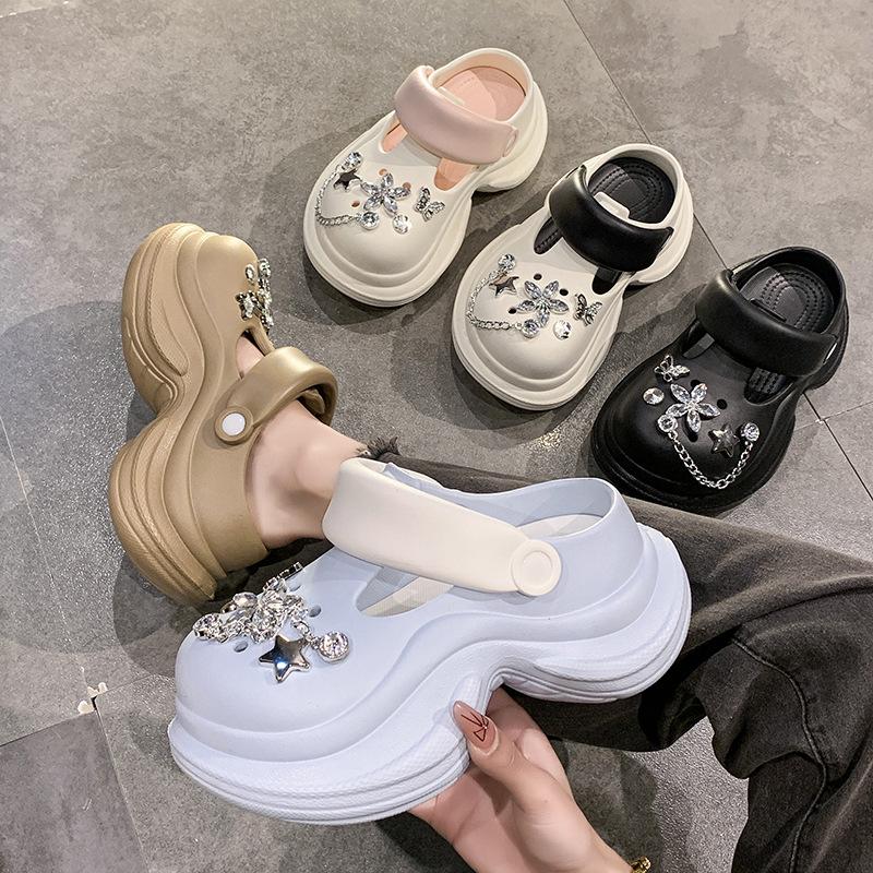 Spring and Summer 2025 New Rhinestone Heightening Hole Shoes Women's Ins Tide Non-slip Thick Sole Two Wear Bag Head Slippers Women's Shoes