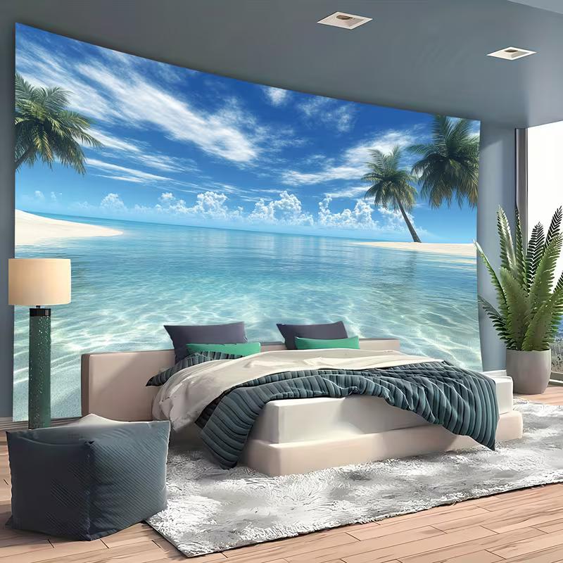 Tropical Beach Ocean Tapestry, Palm Tree Seascape Background Cloth, Summer Wall Decor