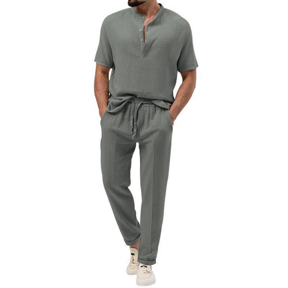 2Pcs/Set Men Summer Outfit Stand Collar Buttons Neckline Short Sleeve T-shirt Elastic Waist Drawstring Pockets Long Pants Set