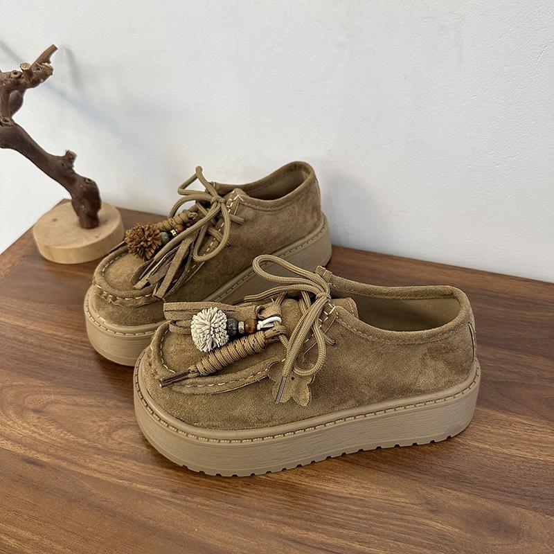 2025 Retro Round Head Lace-up Women's Shoes British Style Platform Versatile Small Fringed Loafers Women's Single Shoes Trend