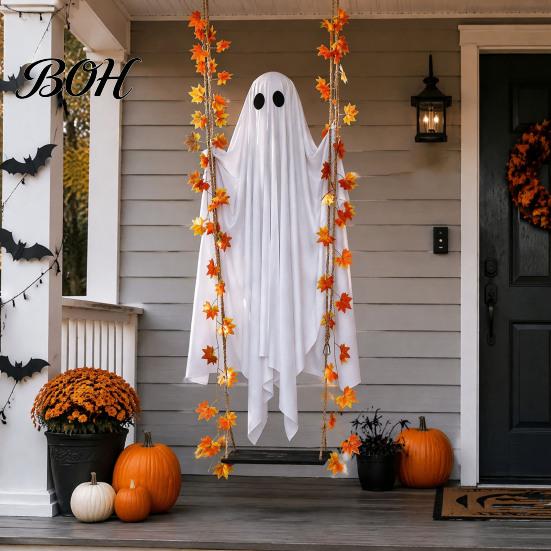 Realistický látkový duch se světlem, závěsná houpačka, Halloweenská dekorace s dálkovým ovládáním, Velký bílý strašidelný ornament na zahradu, Javorové listy