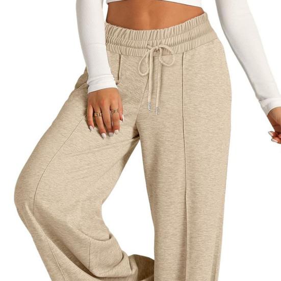 Women Casual Pants Elastic High Waist Adjustable Drawstring Straight Wide Leg Trousers with Pockets Solid Color Long Pants