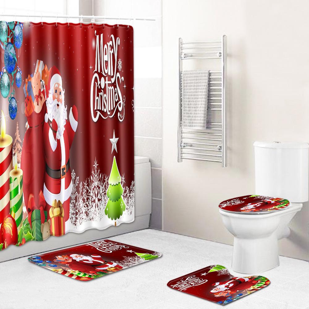 Rideau de douche de salle de bain de Noël Tapis de sol de toilettes Ensemble de quatre pièces Tapis de porte antidérapant pour salle de bain Tapis absorbant pour cuisine et chambre à coucher