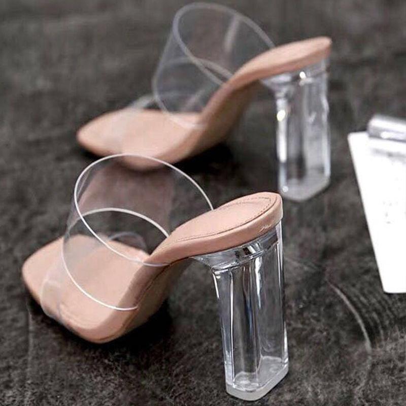 Fashion Summer Women Pumps Sandals 9cm Jelly Slippers Sexy Open Square Toe High Heels Women Transparent Slippers Shoe Heel Clear Sandals