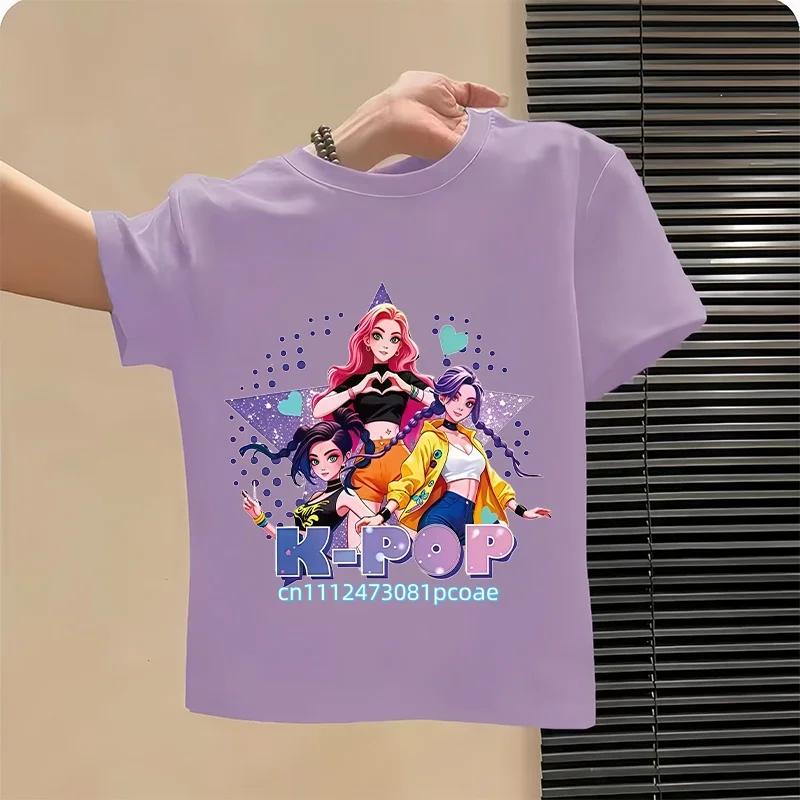 Summer Kpop Popular Cartoon Print Childrens Design Casual Harajuku Style Round Neck Short Sleeved Top Fans Gifts Kids Clothes