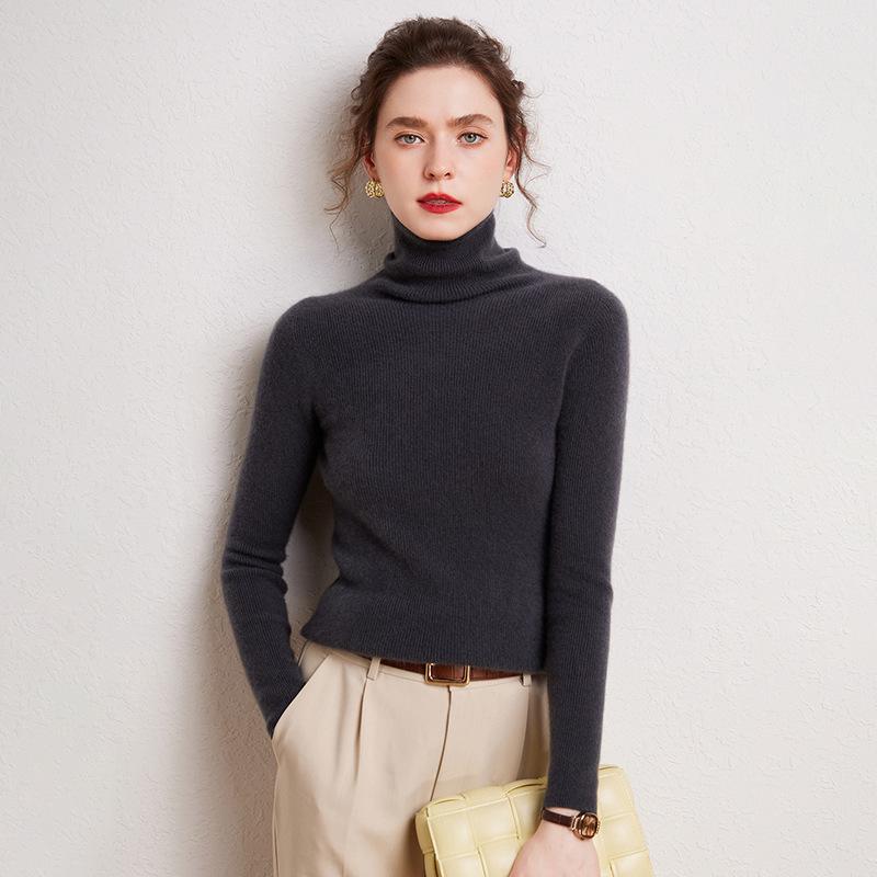 Women's 100% Cashmere High Neck Slimming Pullover Sweater - Solid Color, Warm, Versatile Knit Base Layer