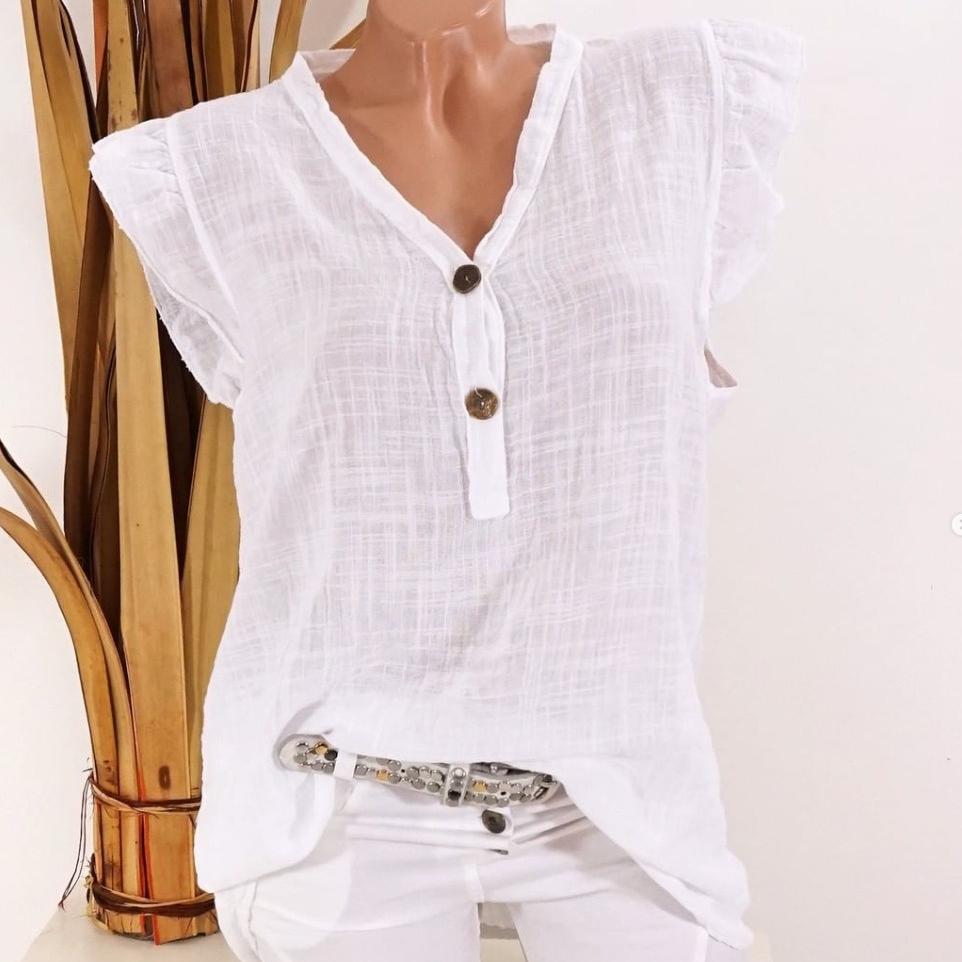Breathable Leisure Buttons Top V Neck Plus Size Solid Color Cotton Linen Blouse Women Loose Shirt