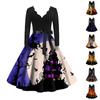 Women's Vintage Classic Dress Neck Waist Bow Tie Long Sleeves Halloween Print V Neck Swing Dress