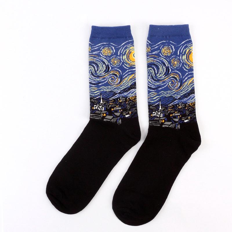 Sternennächtliche Nacht Baumwolle Lustige Malerei Socken Damen Herren Western Mona Lisa Kuss Ölgemälde Retro-klassische Serie Paarsocken