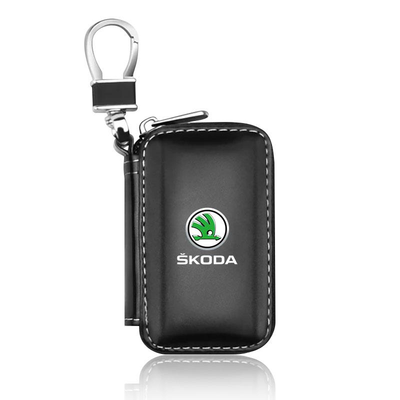 1Pcs Leather Emblem Car Key Case Keychain Zipper Key Case Bag For Skoda Octavia Superb Rapid Kodiaq Karoq Fabia Kamiq Roomster Citigo