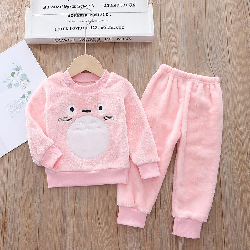 Toddler Baby Boys Clothes Autumn Winter Kids Flannel Pajamas Set Thick Warm Sweater Cartoon Cute Bear Two-piece Girls Suit Tracksuits