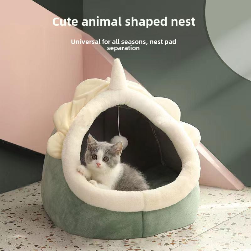 Four Seasons Cute Semi-Closed Pet Bed – Cozy for Cats & Dogs