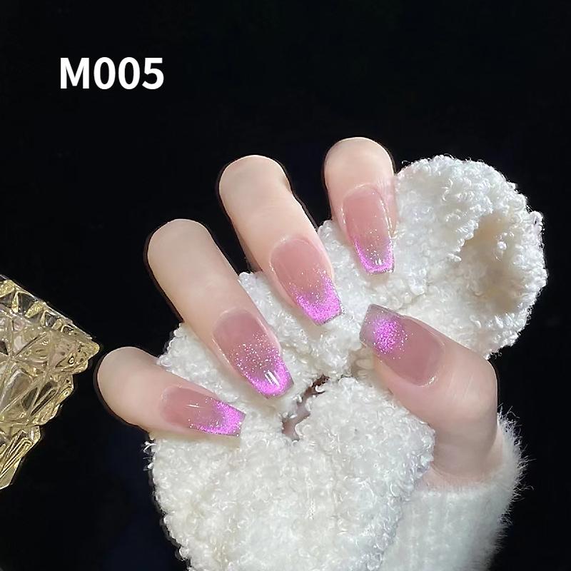 24 piezas de uñas hechas a mano, uñas postizas, hielo transparente, sueño, aguamarina, estrella, diamantes triturados dinámicos, piezas de uñas de ojo de gato, uñas postizas terminadas, 15 estilos