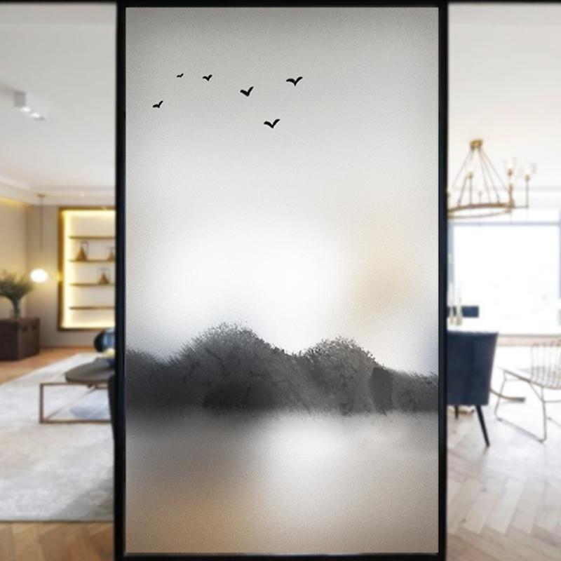 Chinese Ink Painting Privacy Glass Film Classical Style Landscape Pattern Window Films Static Cling Stained Window Stickers