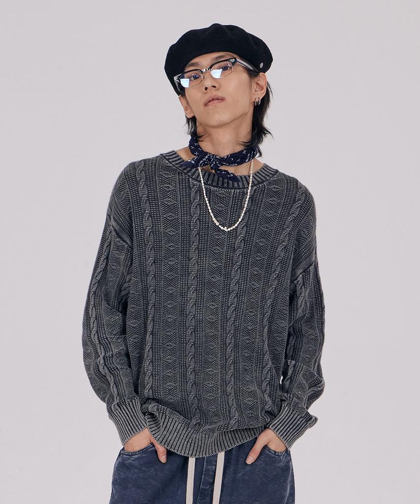 AT THE MOMENT Garment-Dyed Cotton Cable Knit_Charcoal
