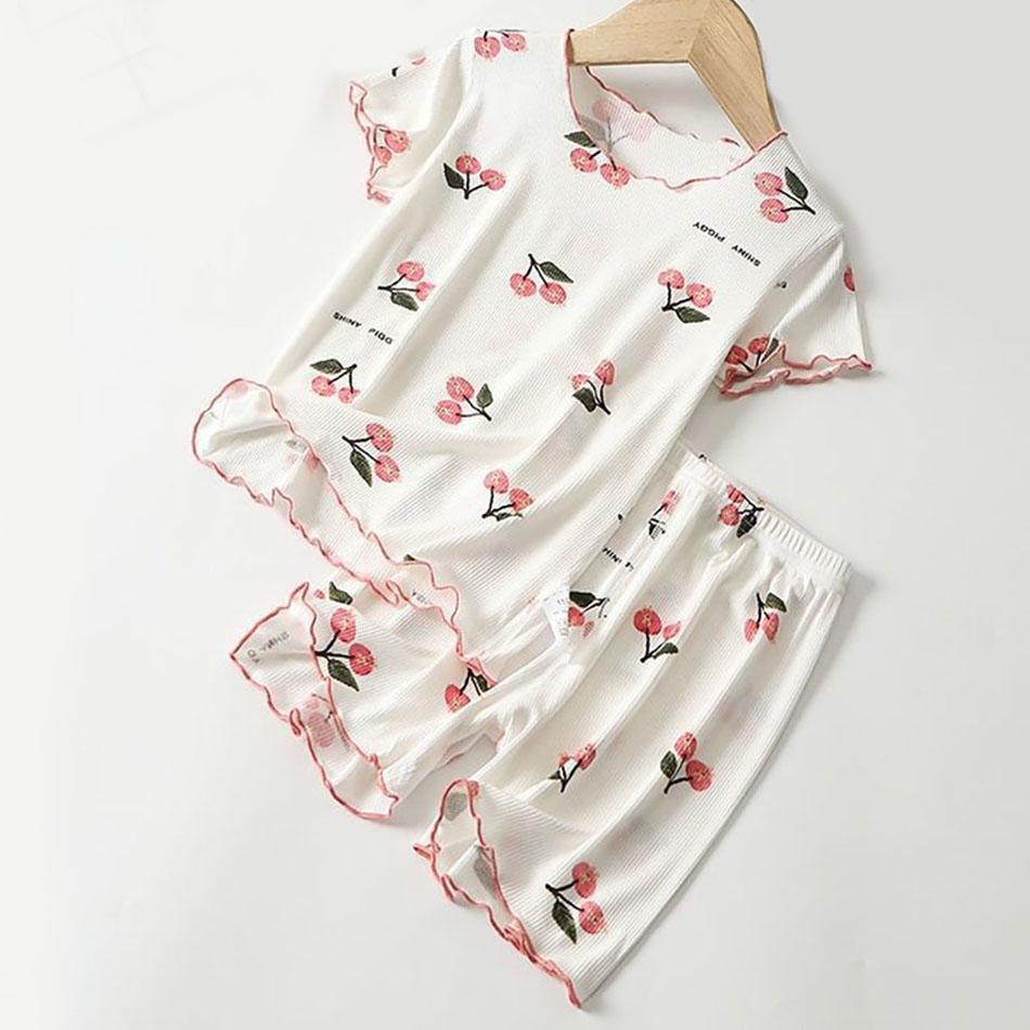 Children Summer Sleepwear Set Cute and Comfortable Casual Ice Silk Short Sleeve and Short Pants for Girls Pajama Sets