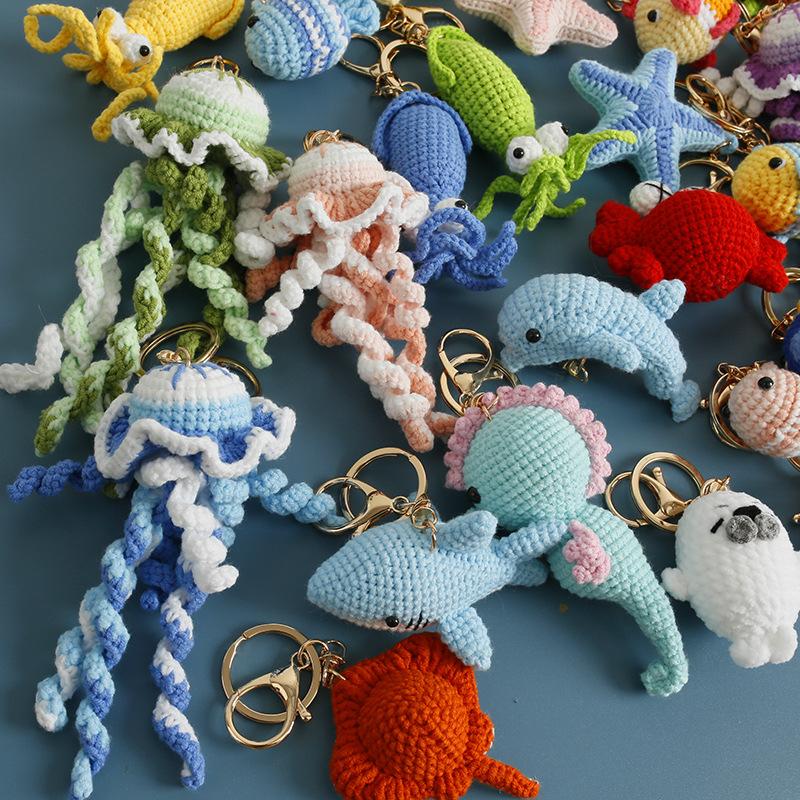 Cute Ocean Series Crochet Keychain Handmaking Knitted Tropical Fish Keyrings Creative Crochet Shark Doll Keychain