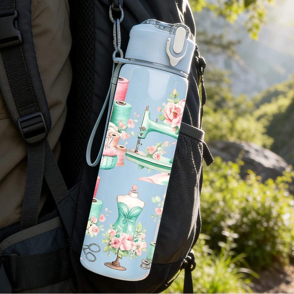 1PC Vintage Coffee Tea Cup Floral Print 750ml Color Plastic Sports Water Bottle Leakproof Flip Straw Lid Suitable for Sports Office Home Use