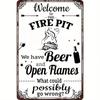Willkommen beim Feuerstellen-Schild Offenes Feuer Hinterhof Draußen Camping Spaß Vintage Metallschild Retro Zuhause Kabine Außendekor Feuerstelle