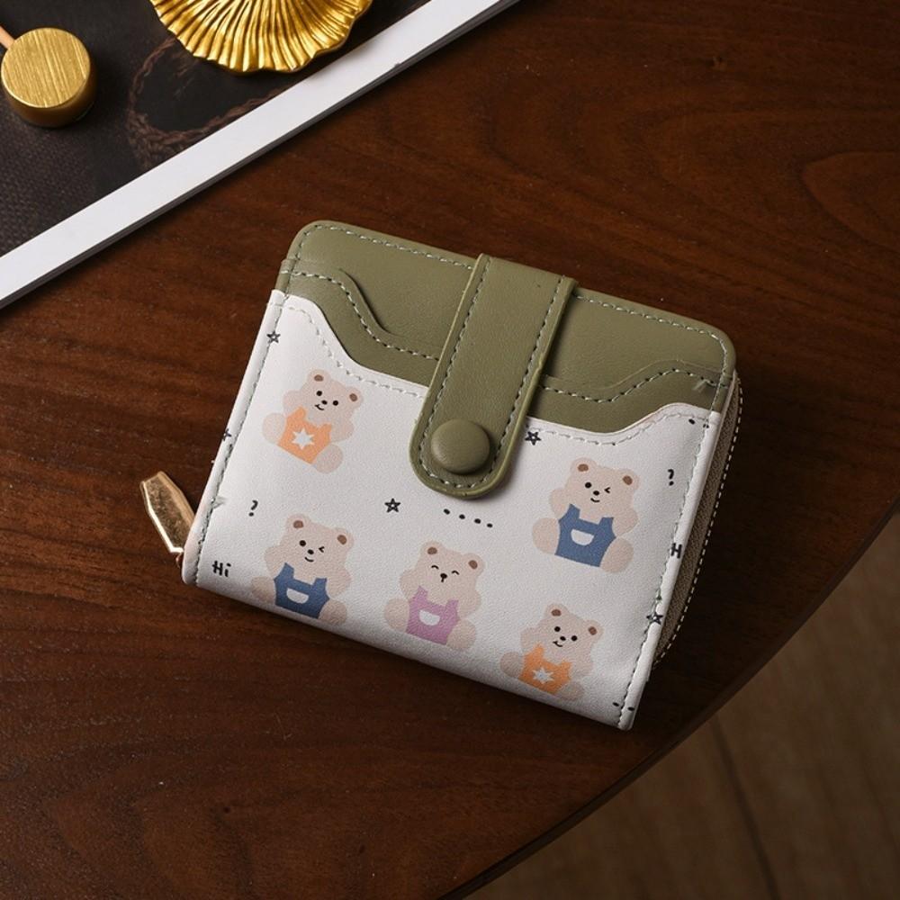 Cute PU Leather Short Wallet Cute Bear Design Multiple Card Slots Zippered Coin Pocket Snap Button Card Holder Girls