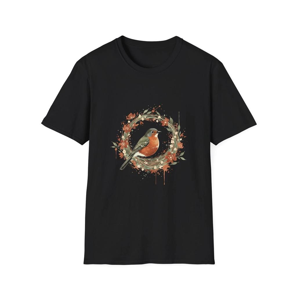Bird Wreath Watercolor Nature Floral Black Tee Aesthetic Graphic T-Shirt