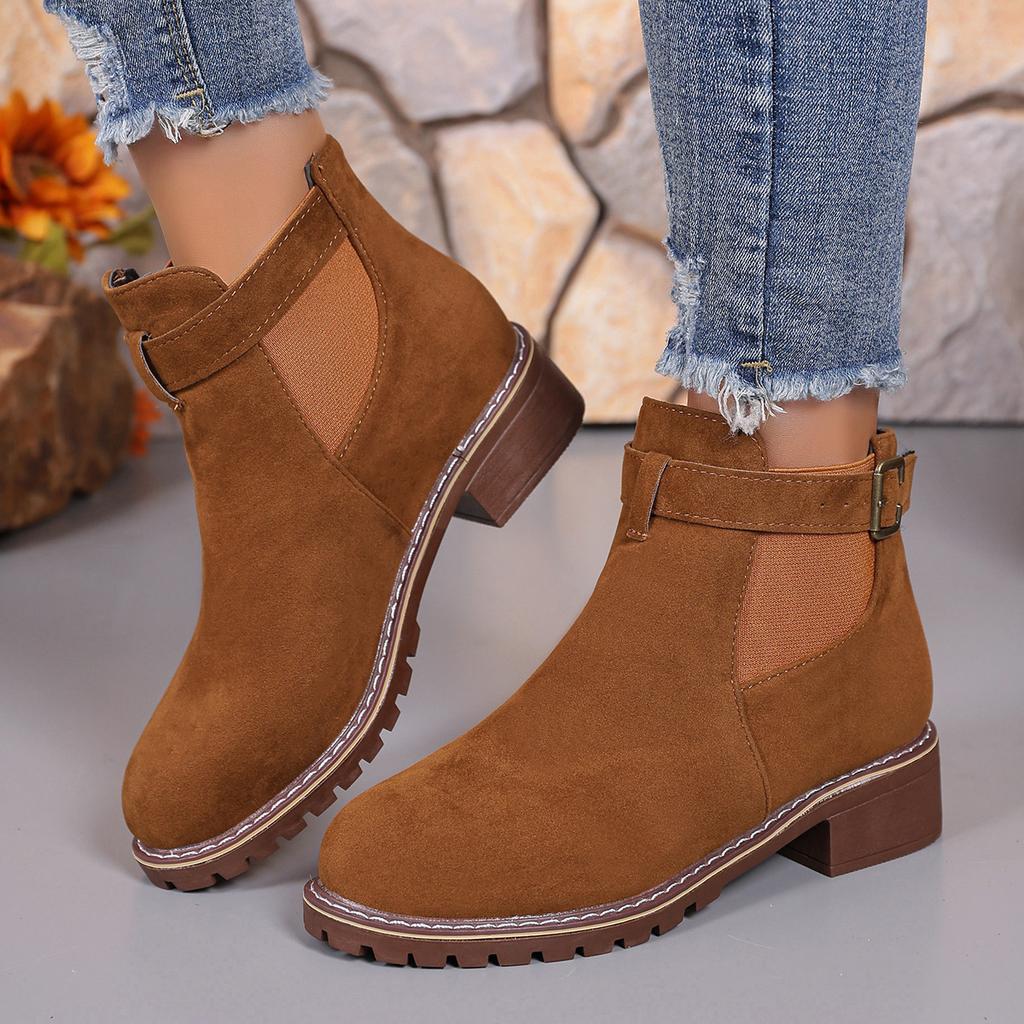 Fashion 2025 New Fashion Autumn Mid-heel Ankle Boots for Women, Large Size, Round Toe, Solid Color Belt Buckle