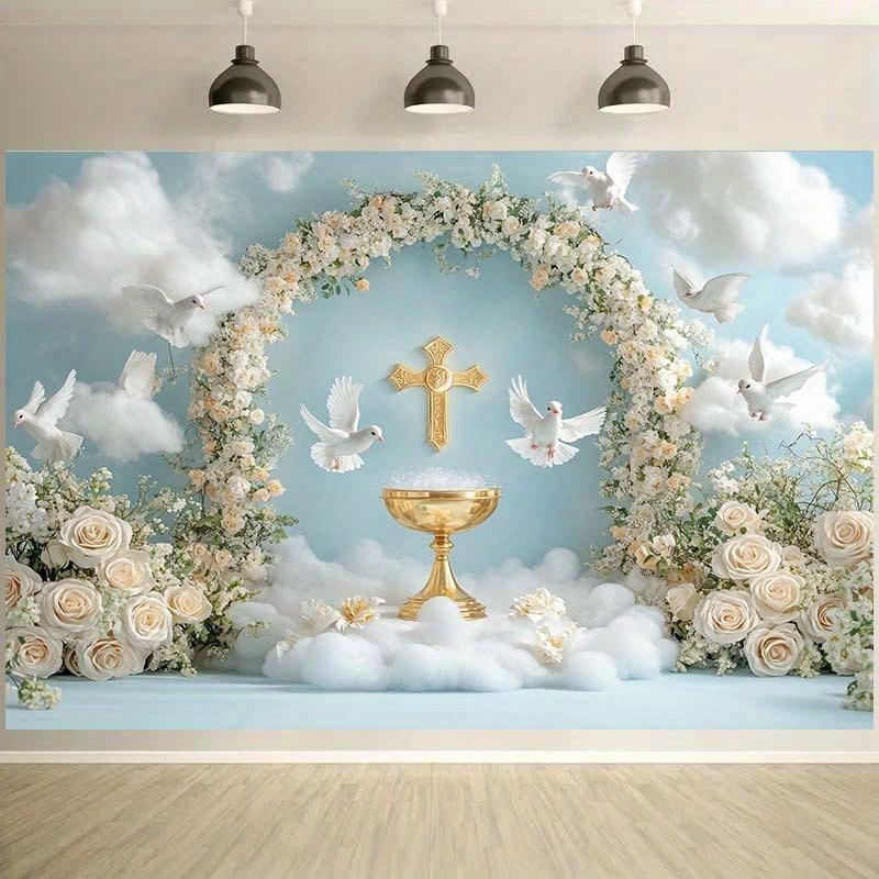 1 2D Banner Golden Chalice White Dove and Floral Arch - Wedding and Party Decoration Suitable for Baptism First Communion
