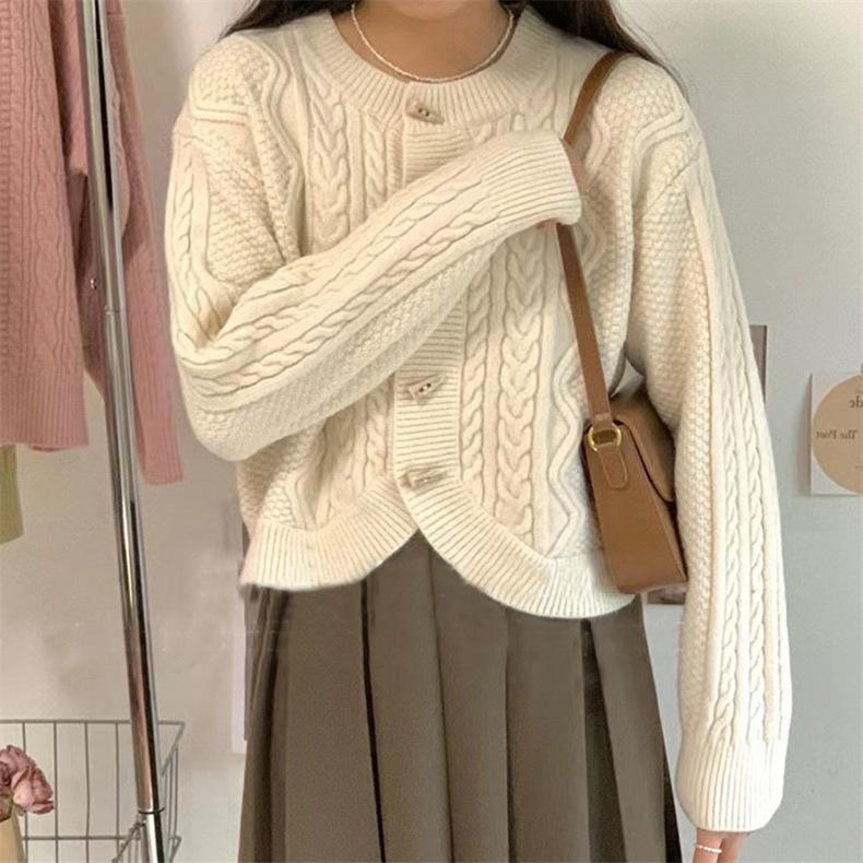 Autumn and Winter Women's Sweater Retro Soft Lazy Wind Twist Croco Button Sweater Women Loose Knitted Cardigan