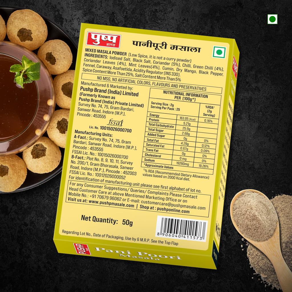 Pushp Panipuri Masala Épicé Acidulé Menthe Tamarin Mélange d'Épices pour Pani Puri Authentique Style Rue Indienne Pack de 50g de 10