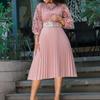 Women's Mock Neck Three Quarter Sleeve Midi Dress Loose Fit High Waist Elegant Hollow Lace Pleated A Line Dress Party Formal Dress