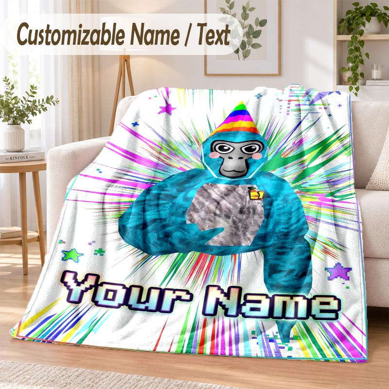 Coperta in Flanella Personalizzata con Nome Cartone Animato Gorilla Tag Morbida e Calda per Divano, Letto, Uso Interno Domestico