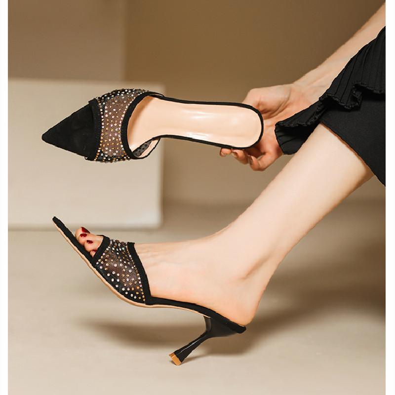Fashion High Heeled Fish Mouth Slippers Female 2024 Mesh Rhinestone Pointed Head Fashion Open Toe Fine Heeled Versatile Zapatos Mujer