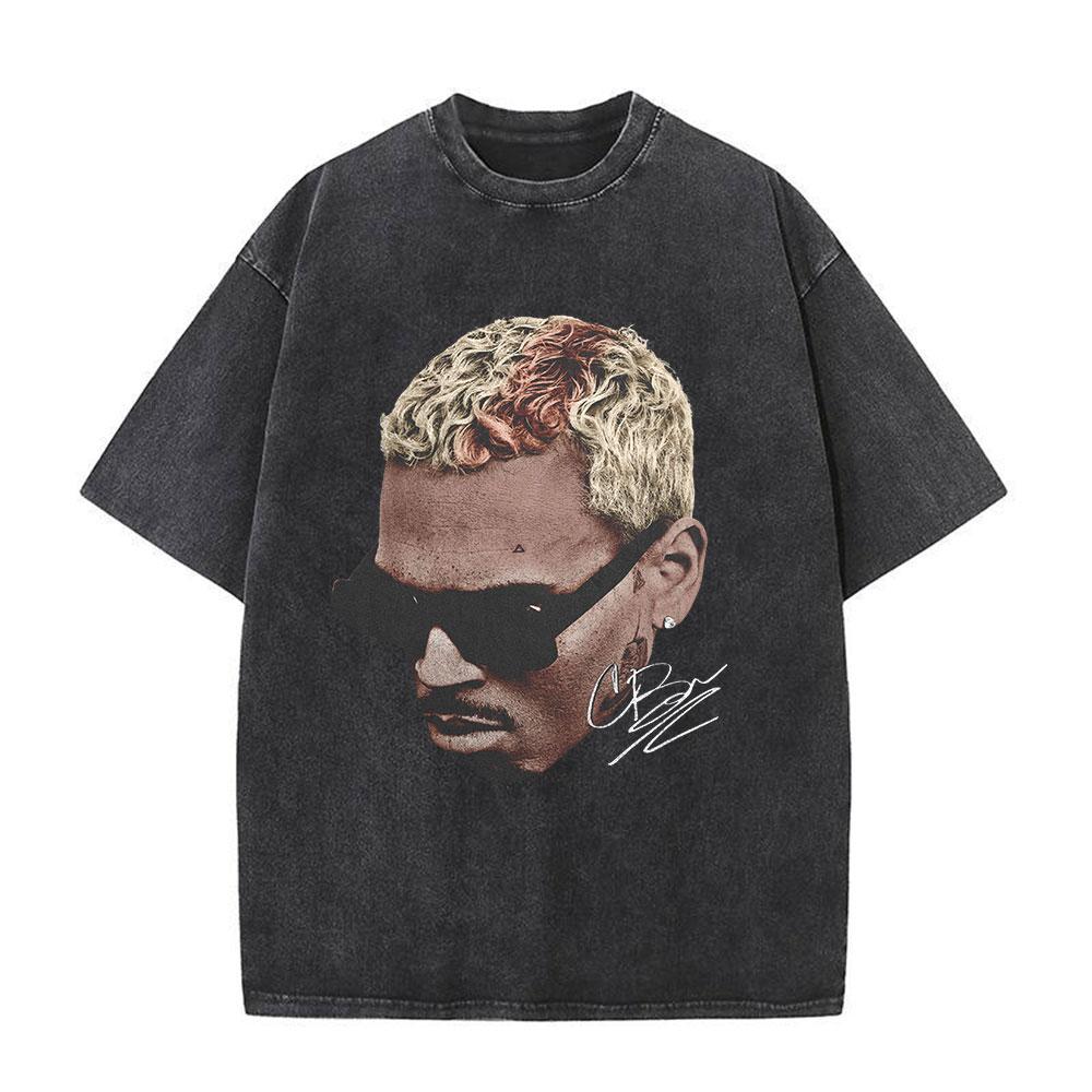 Rapper Chris Brown Breezy Big Face Graphic Vintage Washed TShirts Men Women Harajuku ONeck Cotton Casual Short Sleeve T Shirts