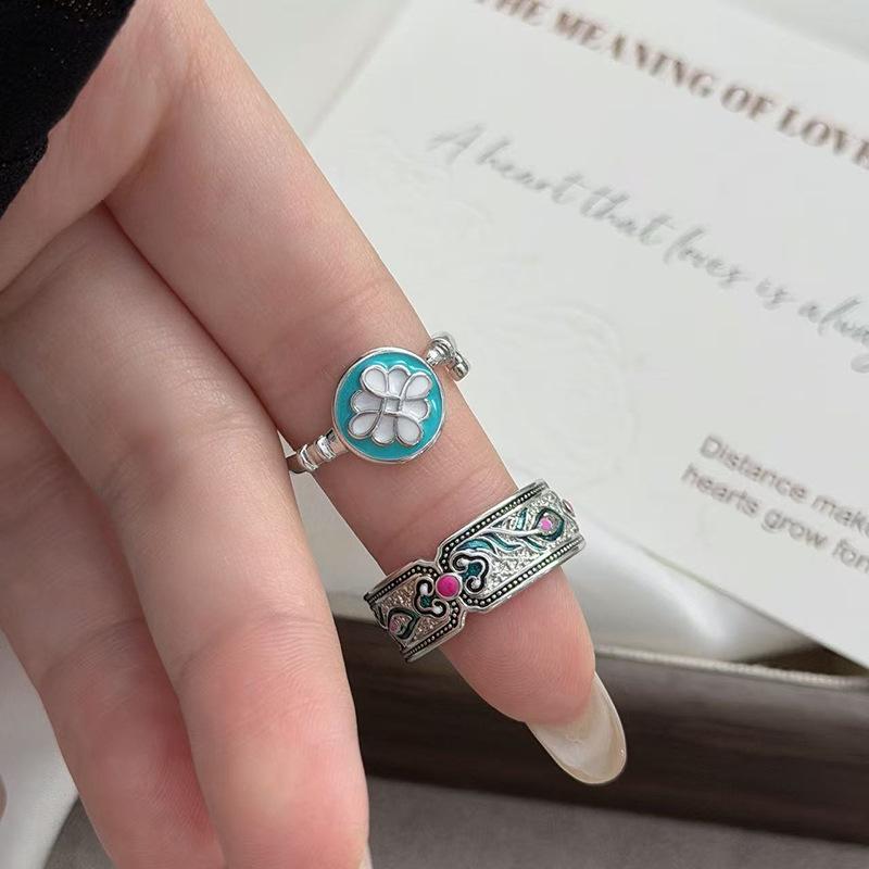 Ethnic Style Retro Enamel Phoenix Feather Open Ring Niche Design Key High-End Sense Stacking Wearing Index Finger Ring Woman