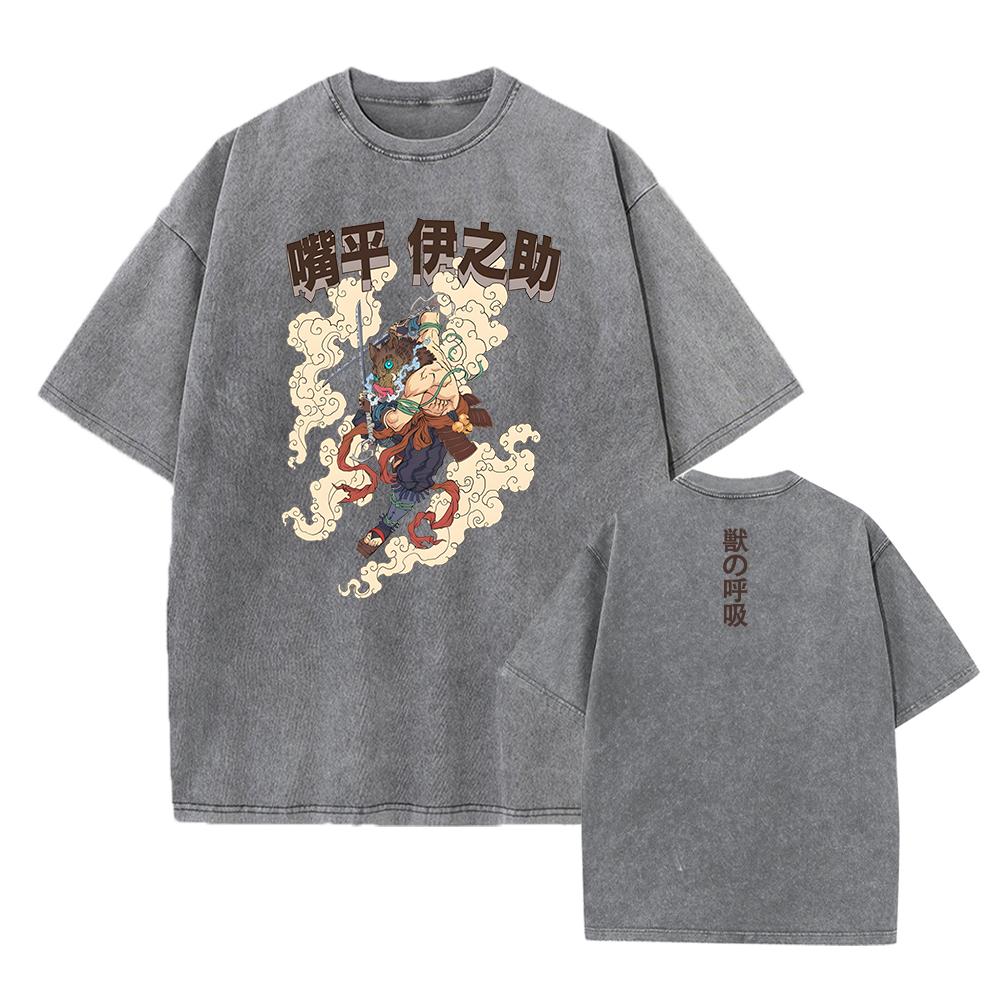 Wahed Acid TShirts Vintage Washed Anime Demon Slayer T-shirt Oversized Streetwear Kimetsu No Yaiba Tops Tees